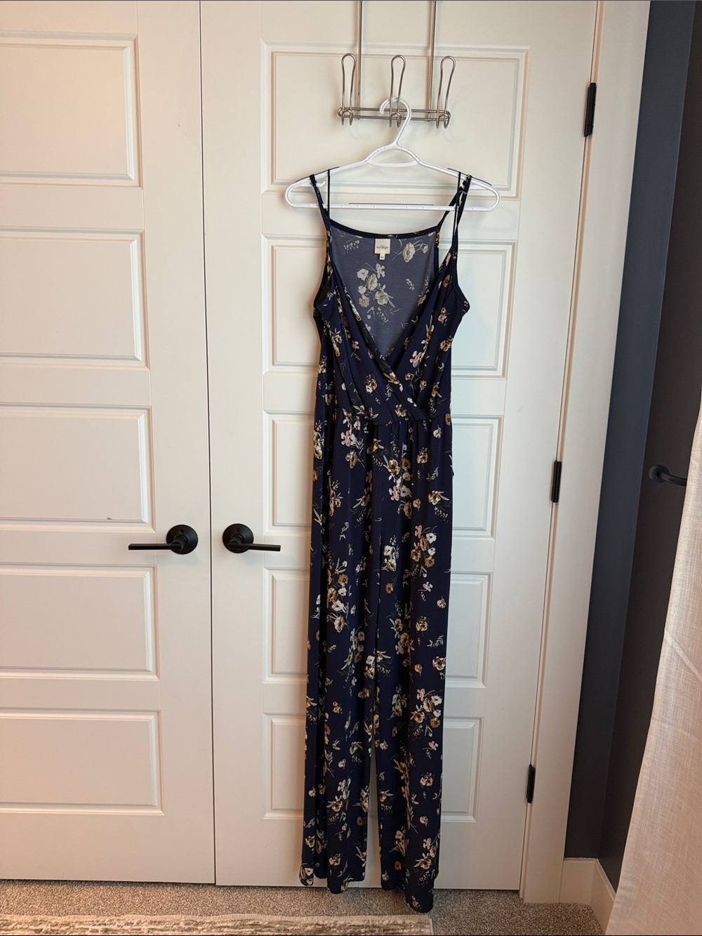 Kaileigh Navy Floral Maxi Dress with V-Neck and Spaghetti Straps